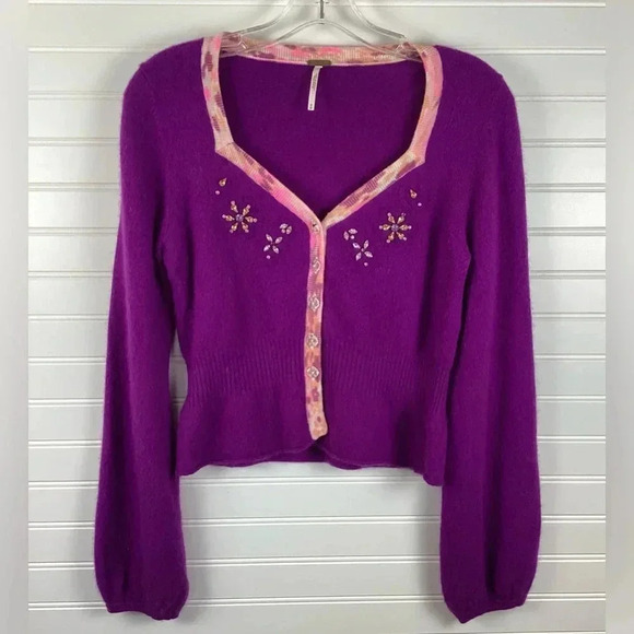 Free People Sweater Cardigan Medium Purple Wool Blend Rhinestone Embellished - Picture 4 of 10